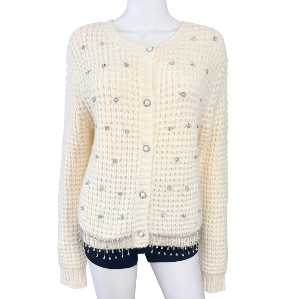 Balboa Bling Cardigan Rhinestone Fringe Coquette Grandma Soft Glam Sweater L